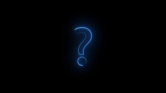 Glowing blue neon question mark icon motion graphics animation video element on black background for quiz intro, FAQ section, help support, query concept and video overlay.