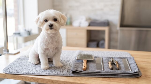 Cute white puppy sitting patiently on a grooming table with professional brushes and clippers neatly arranged on a towel in a pet salon