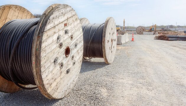 Large Industrial Cable Spools and Construction Site Equipment in Open Area
