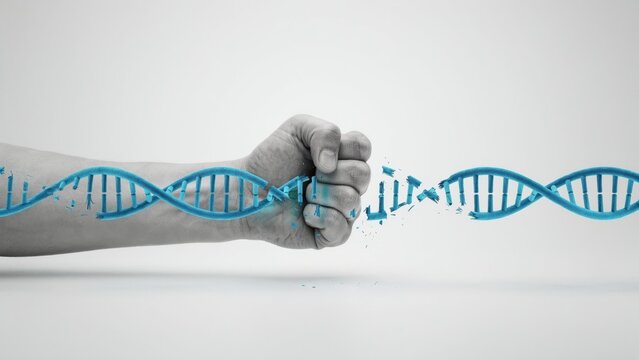 Human fist forcefully crushing a blue dna strand representing scientific breakthrough or genetic modification research concepts
