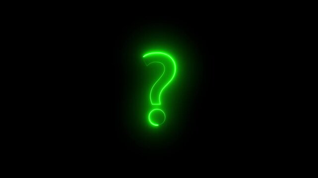 Glowing green neon question mark icon motion graphics animation video element on black background for quiz intro, FAQ section, help support, query concept and video overlay.