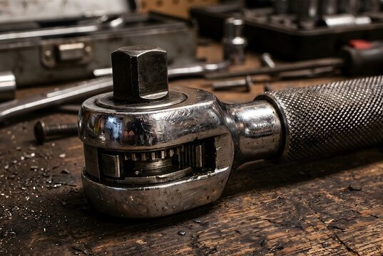 Macro close up of the chrome ratchet head and socket drive square of a heavy duty torque wrench