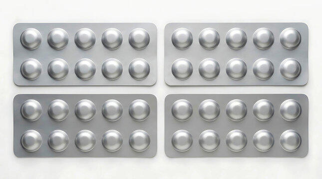 Four silver blister packs with round medical pills.