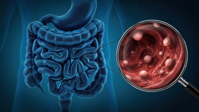 Human colon with detailed polyps viewed through magnifying glass for clinical medical anatomy educational research study