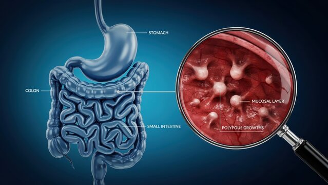 Digestive system anatomy diagram showing intestinal polyps magnified through a metal magnifying glass on blue background