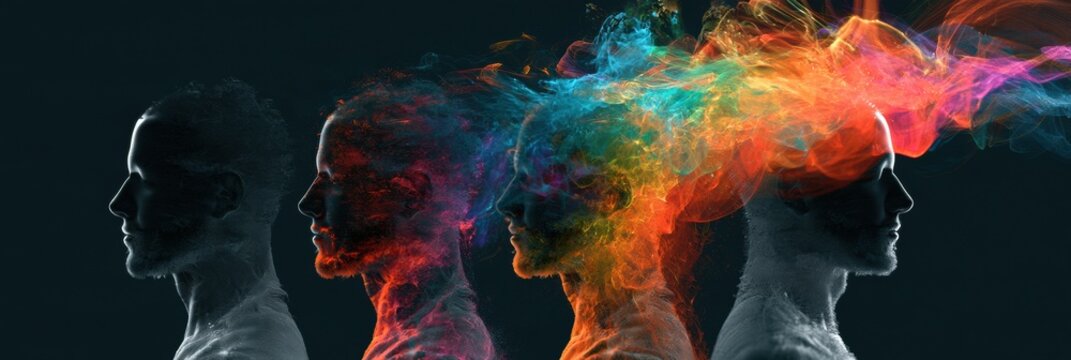 A human form evolving from one color to a rich spectrum against a dark background, representing personal development.