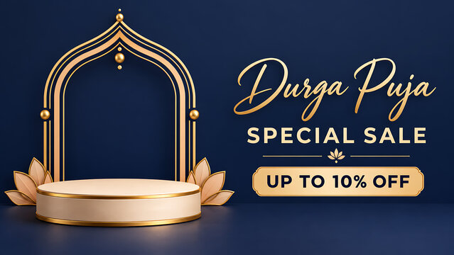 Durga puja mahalaya festive promotional background with golden temple arch podium lotus decorations and deep navy blue luxury sale banner design template