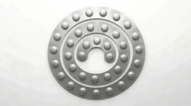 Abstract silver circular shape with raised bumps arranged in concentric rings.