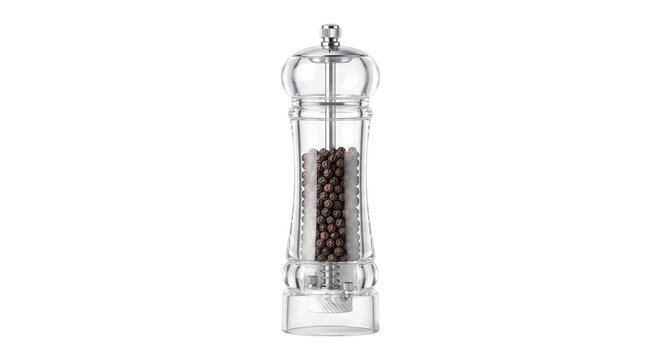 A illustration of Transparent acrylic pepper mill with ceramic mechanism. Transparent or white background.