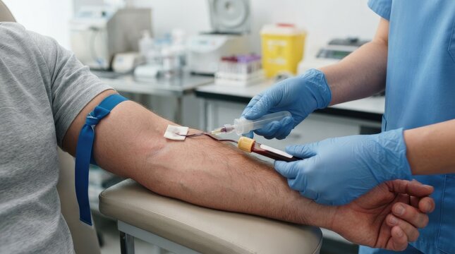 Professional phlebotomist drawing blood from a patients arm in a clinical laboratory setting