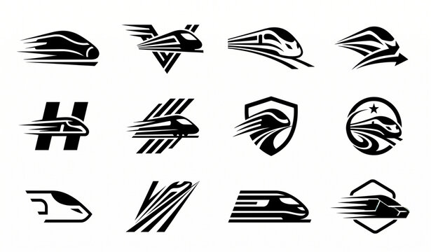 High speed train logo collection with modern aerodynamic railway symbols, express locomotive emblems and dynamic transportation vector designs