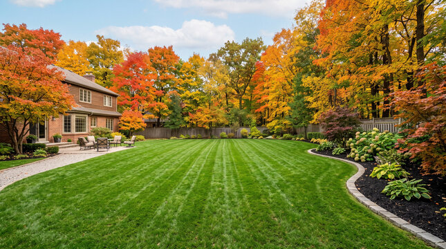 Empty lawn with fresh grass surrounded by colorful autumn trees  
