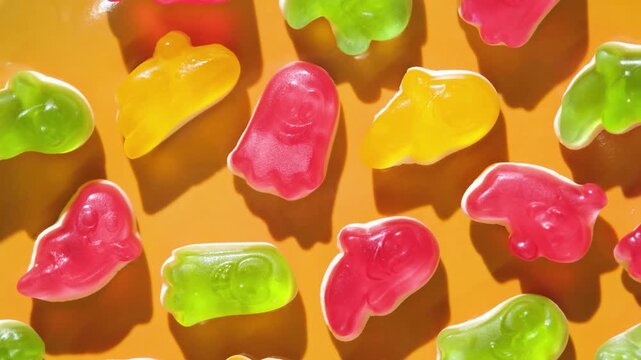 colorful gummy candy ghosts of yellow, red and green colors top view on yellow background, halloween background