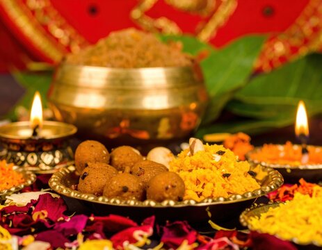 Indian festive sweets and diyas arranged in ornate brass bowls during a celebration with shallow depth of field