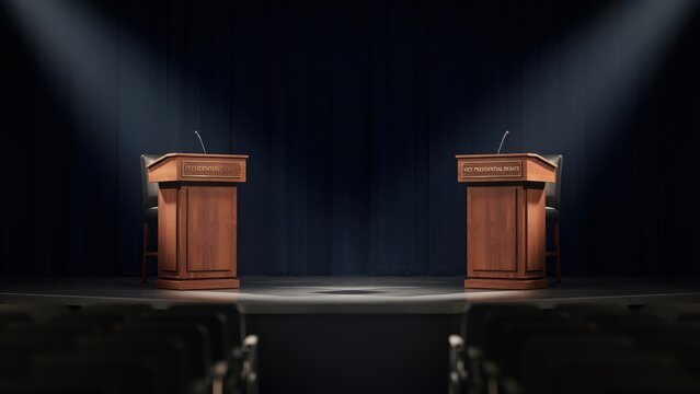 Wooden presidential and vice presidential debate podiums under bright stage spotlights