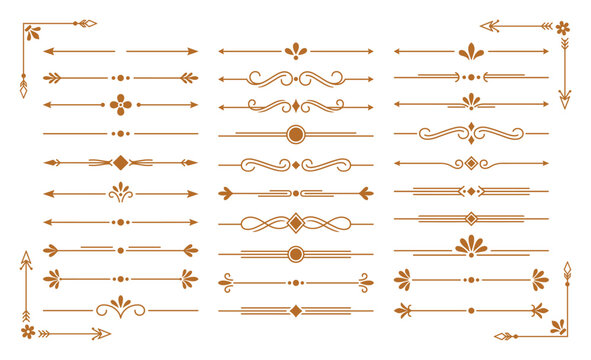 Orange decorative divider lines and corner borders vector graphic design elements set.
