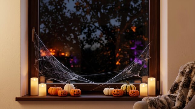 Halloween window sill decoration featuring carved jack-o'-lanterns, assorted miniature pumpkins, glowing flameless candles, and artificial spider webs with spiders at night.