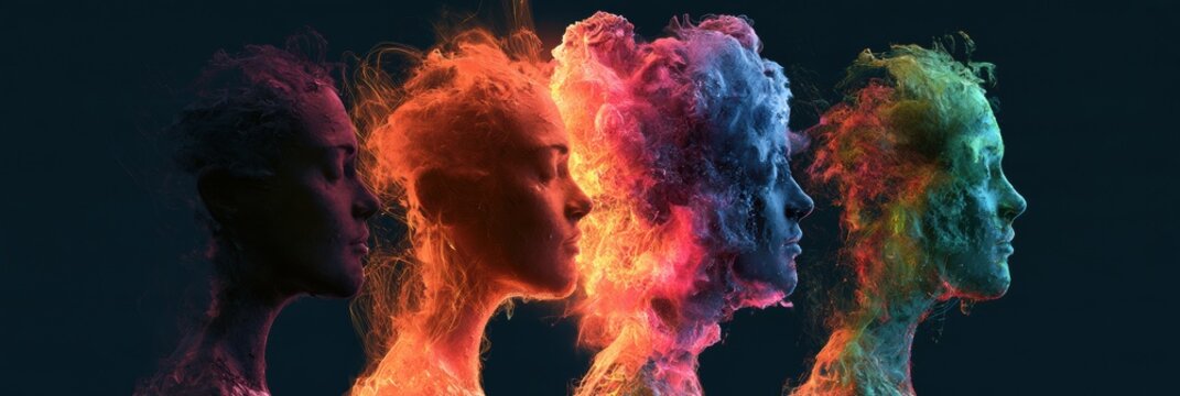 Abstract human shape displays changing emotional states from simple to complex colors to show personal growth in a dark background.
