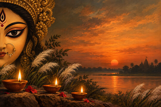 Artistic goddess durga face beside glowing diyas and river sunset landscape capturing mahalaya devotion and sacred durga puja festival atmosphere in bengal