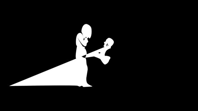 Animated self drawing of continuous line draw man kneeling offering engagement ring to his girlfriend. continuous drawing line art of guy propose girl with black line and white background. One line