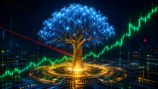 Glowing digital tree structure emerging from a complex circuit board platform represents rapid financial market growth with rising green candlestick charts illuminated by vibrant blue light in this so