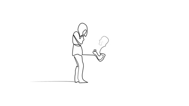 Self drawing animation of single line draw man on knee gives flowers to woman. Romantic couple in love, Continuous drawing line art of guy propose girl with black line and white background. One line