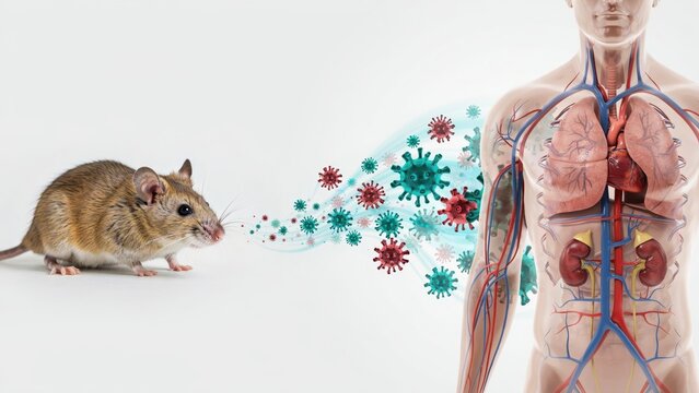 Brown mouse spreading dangerous red and green floating viral pathogens toward human internal body organ systems