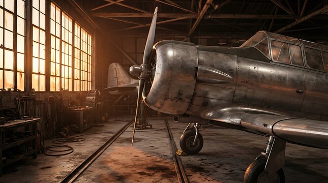 A vintage ace fighter airplane resting inside a sunlit hangar with metallic fuselage and propeller ready for flight