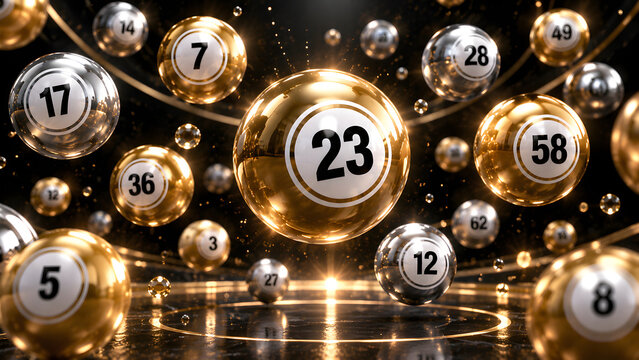 Golden lottery balls numbered 5, 7, 12, 23, 58 floating in dark studio setting with copy space