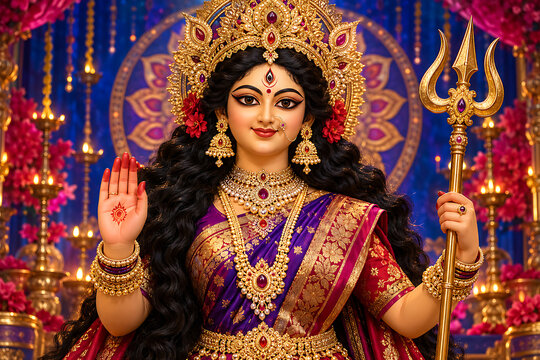 Goddess durga wearing vibrant purple red saree with golden trident and jewelry celebrating durga puja and mahalaya festival in decorated temple setting
