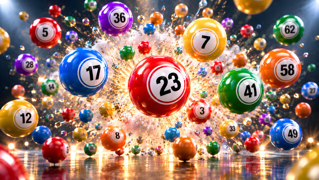 Colorful lottery balls exploding in a dynamic motion burst with dark background