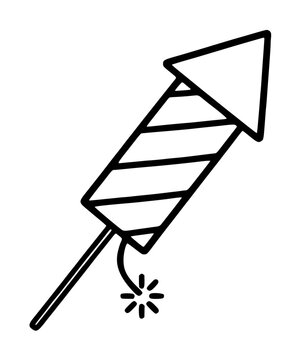Hand-drawn firework rocket icon with lit fuse and spark, vector illustration showing striped decorative body, conical nose tip, and wooden launching stick for festive party and holiday event designs