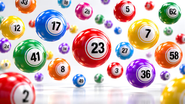 Colorful lottery balls floating in mid-air with numbers 23 highlighted for promotional marketing