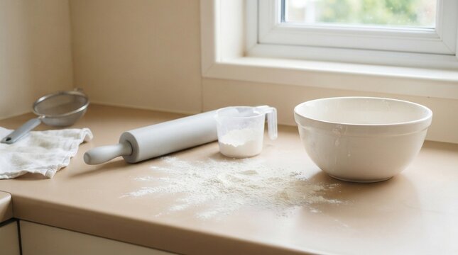 Spilled flour beside mixing bowl
