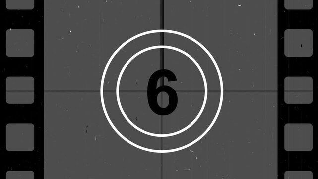 Vintage Old Film Countdown from 9 to 0 with Grey Retro Movie Timer, Classic Cinema Reel Markings, Grain, Noise, Scratches and Aged Film Texture Animation