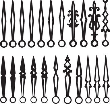 Set of black clock hand silhouettes in various decorative and classic styles, isolated on a white background, for watch repair, and clockmaking