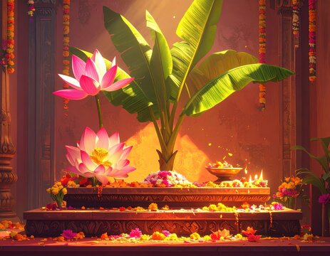 Lotus flowers and banana leaves arranged on a tiered altar with diya lamps during a religious ceremony