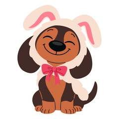Fototapeta premium Cute dachshund wearing a fluffy bunny hat and a bright pink bow, smiling with closed eyes. Flat vector illustration of an adorable playful dog in a festive costume, isolated on white. Vector