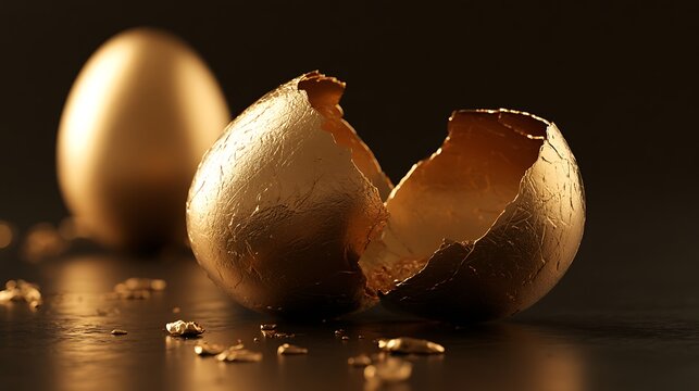 Golden cracked egg shell on dark background