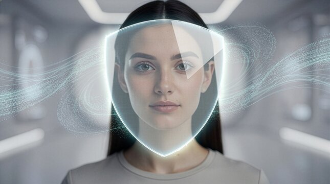 Front view portrait of a futuristic woman with a glowing digital shield overlay on her face surrounded by swirling data particle lines skincare technology and cyber protection concept
