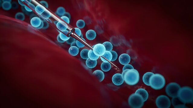 Hypodermic needle injecting glowing blue medicine particles into deep red human tissue veins inside body