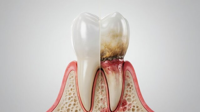 Healthy white tooth compared to decayed infected tooth with inflamed red gums in detailed medical illustration