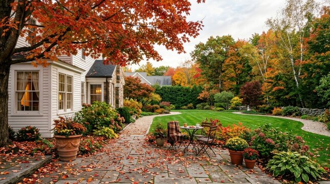 Beautiful autumn garden terrace with stone patio wooden furniture and vibrant colorful fall foliage surrounding backyard landscape.