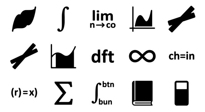 Math and Science Icons Set: Calculus, Algebra, Infinity, DFT, Graphs, Leaf, Book