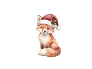 Fototapeta premium Christmas Fox Cub Watercolor: An adorable fox cub wearing a festive Santa hat sits patiently, its fluffy tail curled around it, ready for the holiday season.