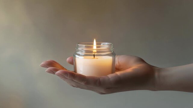 Candle held in hand with a flame lit inside a glass jar in a simple setting