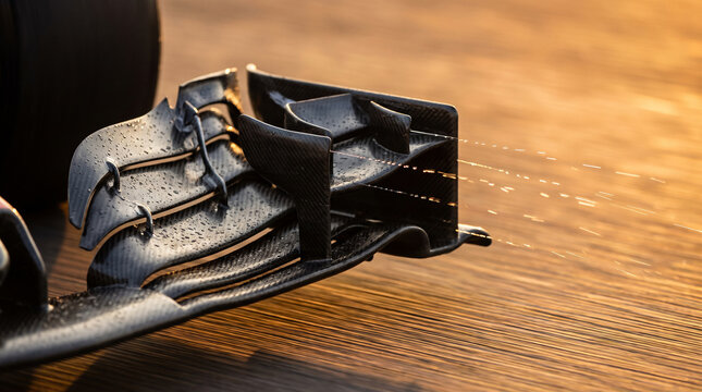 Racing car front wing detail with water spray and sun flare.