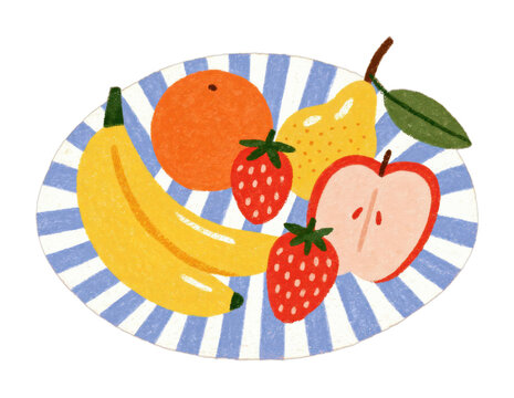 PNG Colorful fruit plate illustration with banana, orange, pear, strawberry
