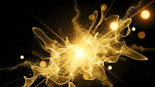 Vibrant yellow energy burst with sparkling particles and golden light on dark background abstract vibrant explosion