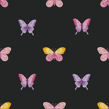 Watercolor fairytale seamless pattern with princess, fairy, dragon, castle, butterflies and flowers